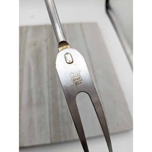 Vintage EKCO Chrome Plated Solid Meat Utility Fork Tan Wood Handle 13" - Picture 7 of 8